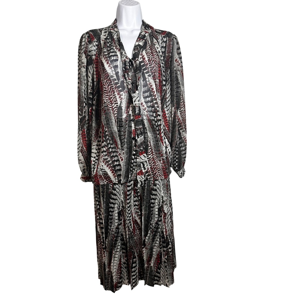 Linea by Louis Dell'Olio Women Small Feather Print Skirt Set Midi Button Down